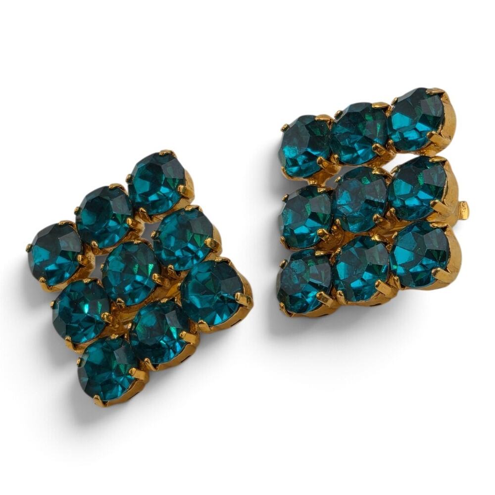 Vintage Green Blue Rhinestone Clip On Earrings Gold Tone Prong Set Statement